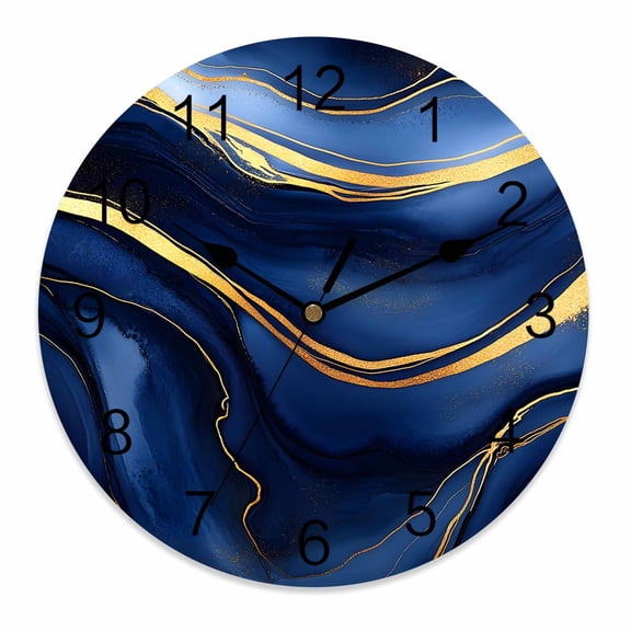 Silent Wall Clocks Battery Operated, Dark Blue Abstract Marble Texture Round Decorative Wall Clock for Living Room Bedroom Kitchen Bathroom Classroom Decor, 12 Inch Gold Fluid Art Lines