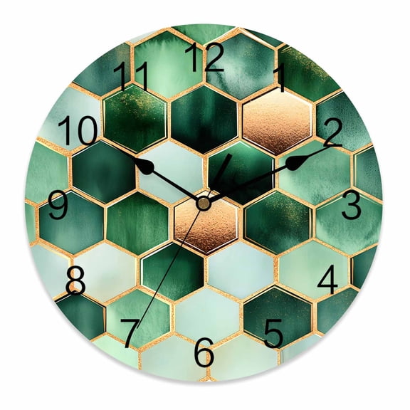 Silent Wall Clocks Battery Operated, Dark Green Marble Round Decorative Wall Clock for Living Room Bedroom Kitchen Bathroom Classroom Decor, 12 Inch Gold Hexagon Geometric Modern Pattern