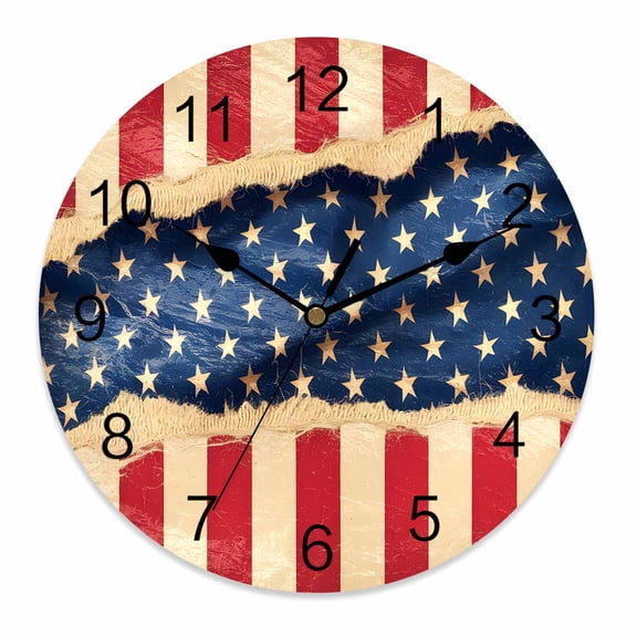 Silent Wall Clocks Battery Operated, Distressed Patriotic American Flag Round Decorative Wall Clock for Living Room Bedroom Kitchen Bathroom Classroom Decor, 12 Inch 4th of July Stars And Stripes