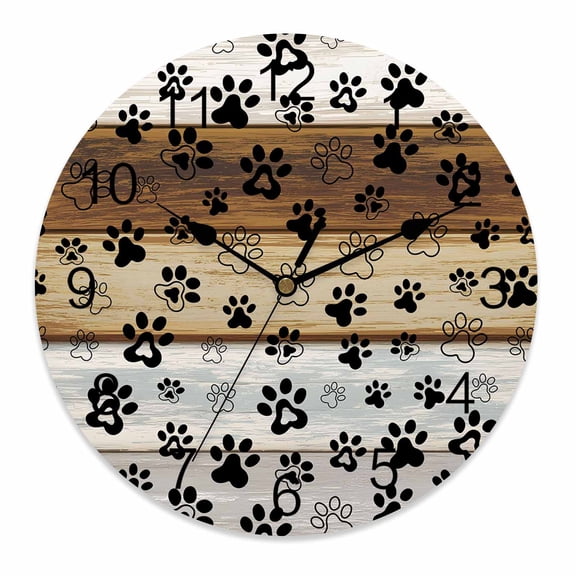 Silent Wall Clocks Battery Operated, Dog Claw Paw Print Round Decorative Wall Clock for Living Room Bedroom Kitchen Bathroom Classroom Decor, 10 Inch Pet Grey Brown Farmhouses Wood