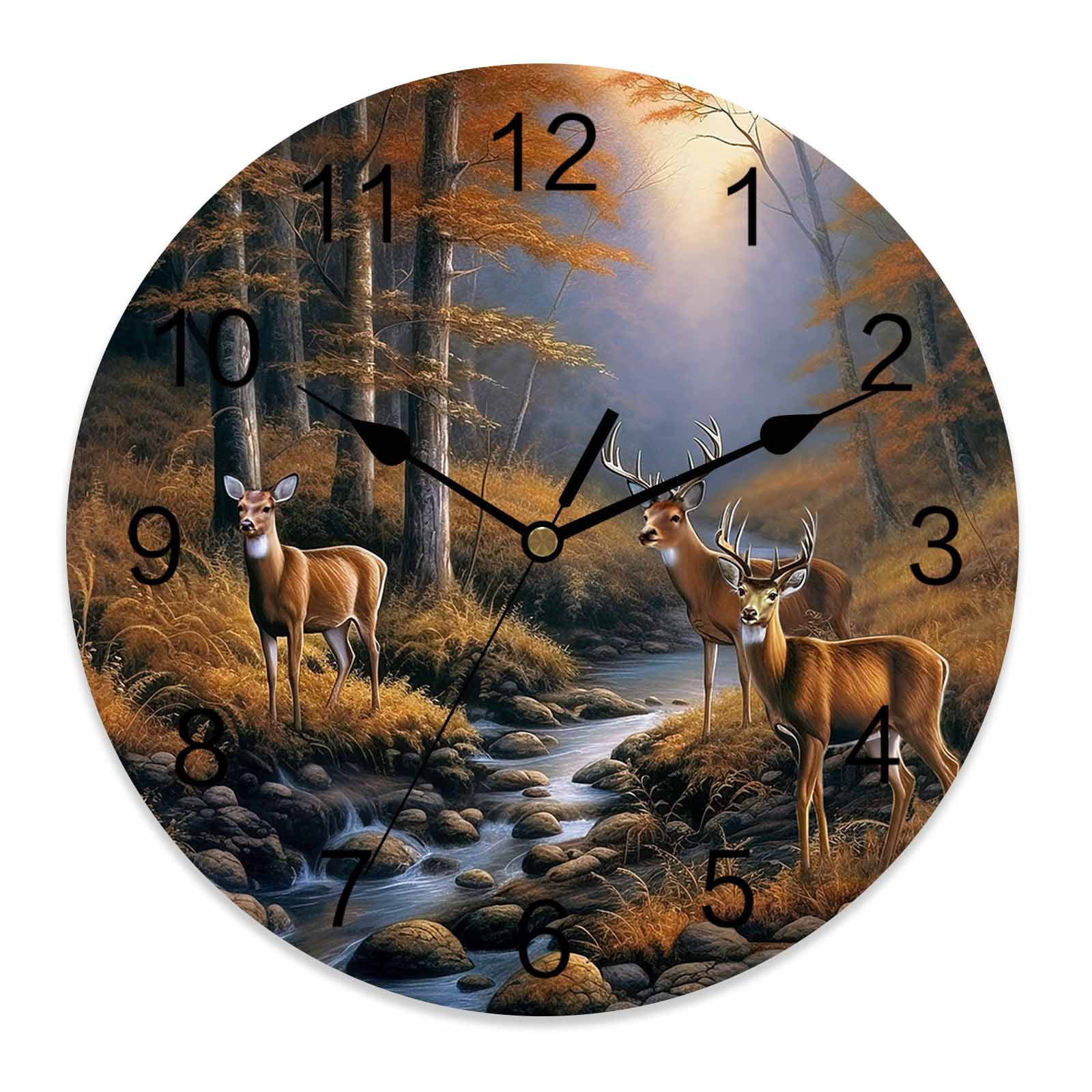 Silent Wall Clocks Battery Operated, Fall Forest Rustic Deer Round ...