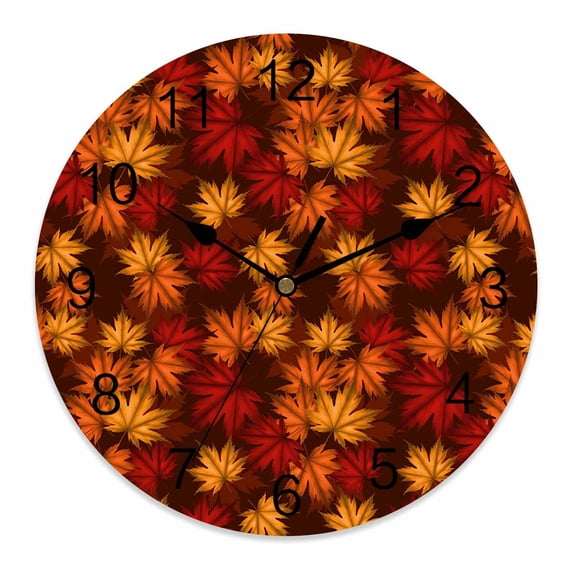 Silent Wall Clocks Battery Operated, Fall Thanksgiving Autumn Maple Leaf Round Decorative Wall Clock for Living Room Bedroom Kitchen Bathroom Classroom Decor, 10 Inch Brown Orange Red