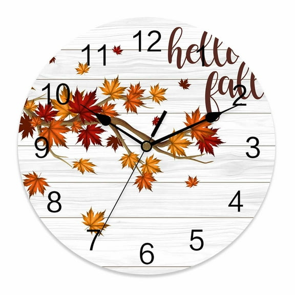 Silent Wall Clocks Battery Operated, Fall Thansgiving Round Decorative Wall Clock for Living Room Bedroom Kitchen Bathroom Classroom Decor, 10 Inch Orange Maple Leaf White Wood Texture