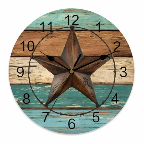 Silent Wall Clocks Battery Operated, Farmhouse Barn Star Round Decorative Wall Clock for Living Room Bedroom Kitchen Bathroom Classroom Decor, 10 Inch Rustic Brown Teal Wood Texture
