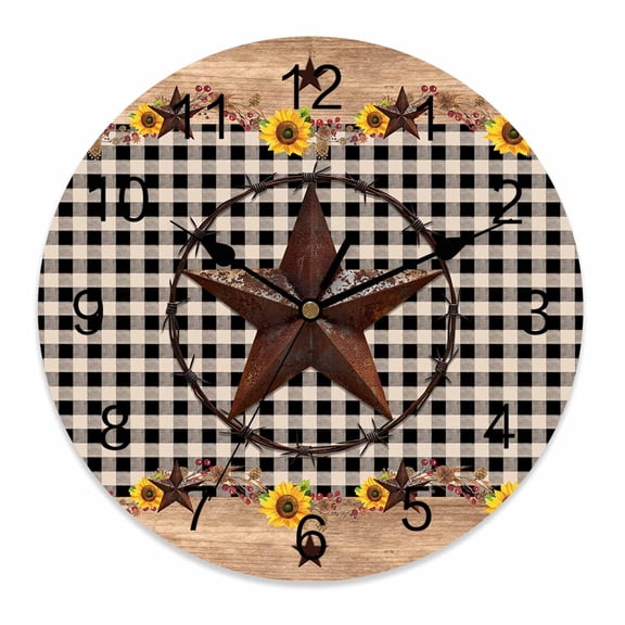 Silent Wall Clocks Battery Operated, Farmhouse Barn Star Round Decorative Wall Clock for Living Room Bedroom Kitchen Bathroom Classroom Decor, 10 Inch Vintage Wood Texture Sunflower Brown