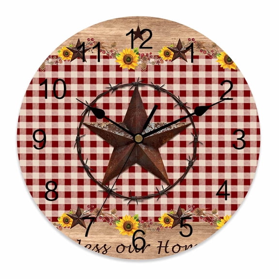 Silent Wall Clocks Battery Operated, Farmhouse Barn Star Sunflower Round Decorative Wall Clock for Living Room Bedroom Kitchen Bathroom Classroom Decor, 10 Inch Red Buffalo Plaid