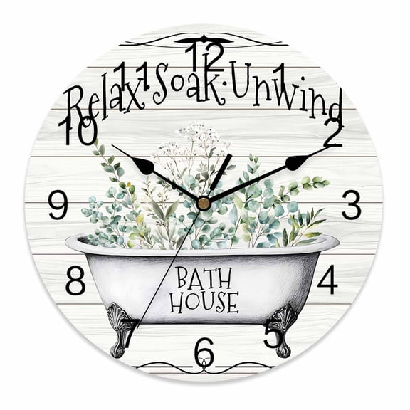 Silent Wall Clocks Battery Operated, Farmhouse Bathroom Quotes Round Decorative Wall Clock for Living Room Bedroom Kitchen Bathroom Classroom Decor, 10 Inch Soak Relax Unwind Eucalyptus