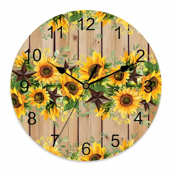 Silent Wall Clocks Battery Operated, Farmhouse Floral Sunflower Round Decorative Wall Clock for Living Room Bedroom Kitchen Bathroom Classroom Decor, 10 Inch Rustic Barn Star Brown Wood