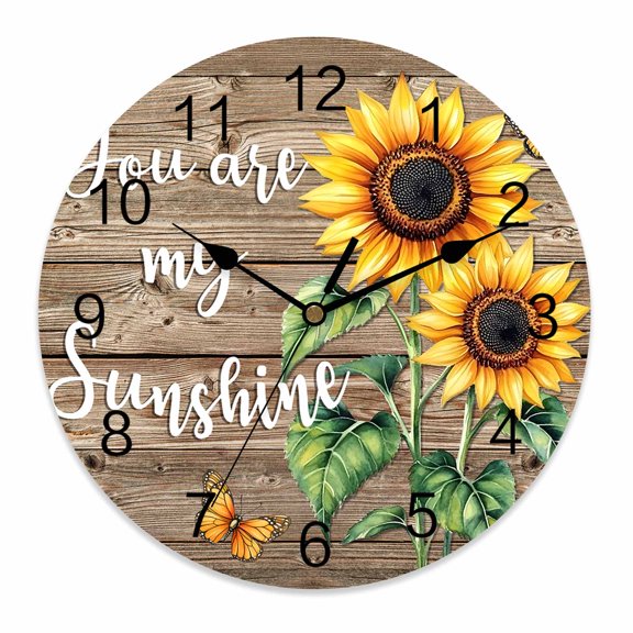 Silent Wall Clocks Battery Operated, Farmhouse Floral Sunflower Round Decorative Wall Clock for Living Room Bedroom Kitchen Bathroom Classroom Decor, 10 Inch You Are My Sunshine Brown Wood