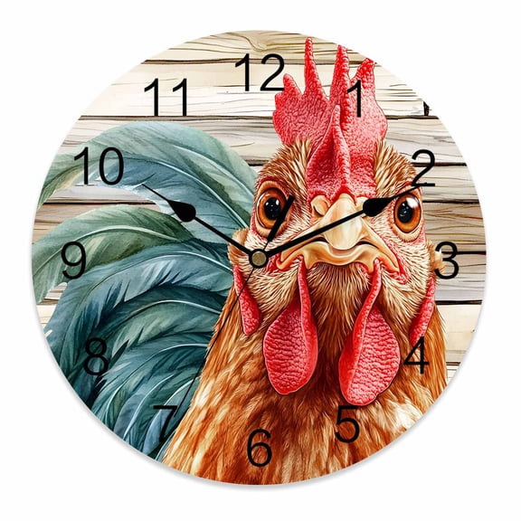 Silent Wall Clocks Battery Operated, Farmhouse Rooster Round Decorative Wall Clock for Living Room Bedroom Kitchen Bathroom Classroom Decor, 14 Inch Rustic Wood Texture Red Brown