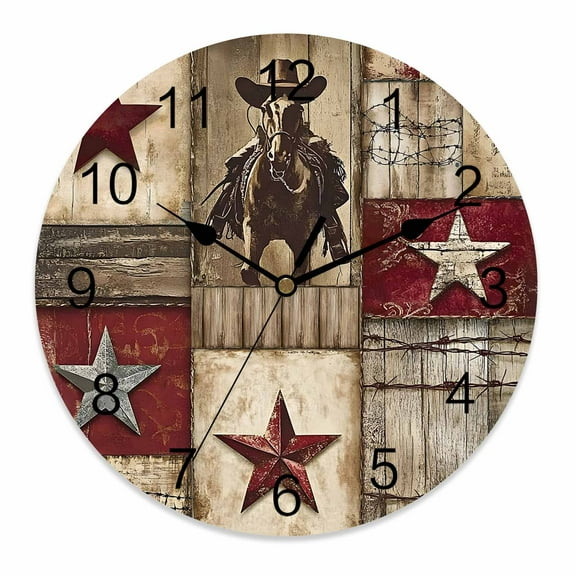 Silent Wall Clocks Battery Operated, Farmhouse Round Decorative Wall Clock for Living Room Bedroom Kitchen Bathroom Classroom Decor, 10 Inch Western Wood Texture Barn Star Red Brown