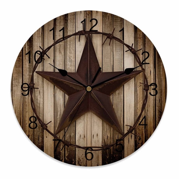Silent Wall Clocks Battery Operated, Farmhouse Round Decorative Wall Clock for Living Room Bedroom Kitchen Bathroom Classroom Decor, 14 Inch Barn Star Wood Texture Brown