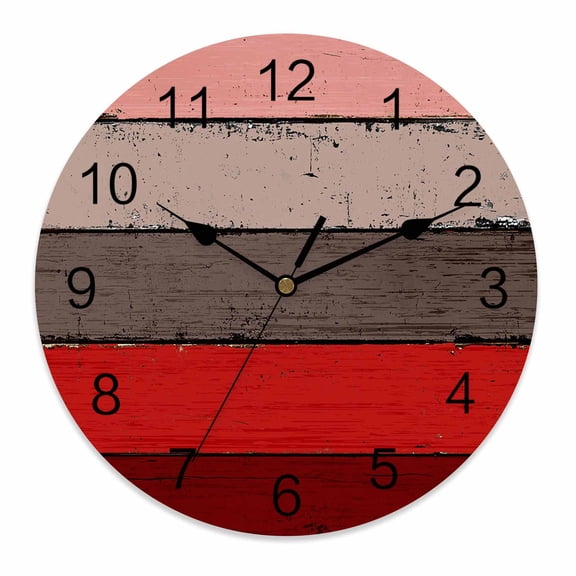 Silent Wall Clocks Battery Operated, Farmhouse Rustic Wood Texture Round Decorative Wall Clock for Living Room Bedroom Kitchen Bathroom Classroom Decor, 10 Inch Red Brown