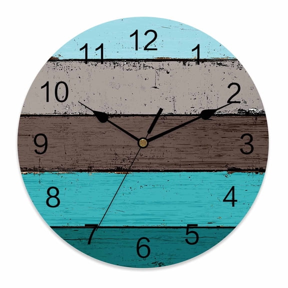 Silent Wall Clocks Battery Operated, Farmhouse Rustic Wood Texture Round Decorative Wall Clock for Living Room Bedroom Kitchen Bathroom Classroom Decor, 10 Inch Aqua Blue Grey