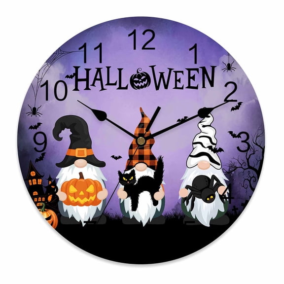 Silent Wall Clocks Battery Operated, Gnomes Halloween Round Decorative Wall Clock for Living Room Bedroom Kitchen Bathroom Classroom Decor, 12 Inch Purple Pumpkin Black Cat Bat