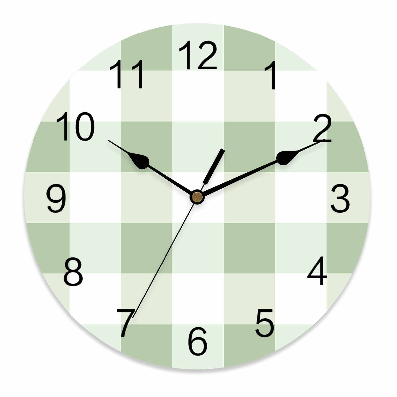 Silent Wall Clocks Battery Operated, Green White Plaid Round Decorative ...