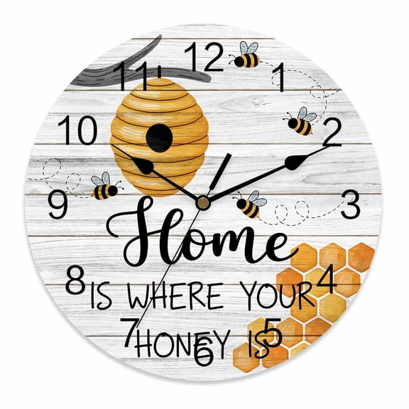 Silent Wall Clocks Battery Operated, Honey Bee Home Quotes Round Decorative Wall Clock for Living Room Bedroom Kitchen Bathroom Classroom Decor, 12 Inch Country Rustic Wood Textured