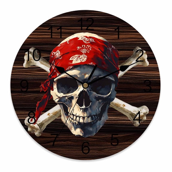 Silent Wall Clocks Battery Operated, Horror Vintage Round Decorative Wall Clock for Living Room Bedroom Kitchen Bathroom Classroom Decor, 12 Inch Skull Wood Texture Head Scarf White Brown