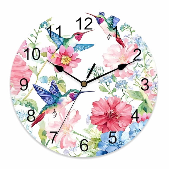 Silent Wall Clocks Battery Operated, Hummingbird Flowers Round Decorative Wall Clock for Living Room Bedroom Kitchen Bathroom Classroom Decor, 12 Inch Pastel Pink Blue Green