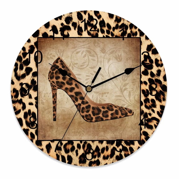 Silent Wall Clocks Battery Operated, Leopard High Heel Round Decorative Wall Clock for Living Room Bedroom Kitchen Bathroom Classroom Decor, 10 Inch Animal Textured Heel Shoes