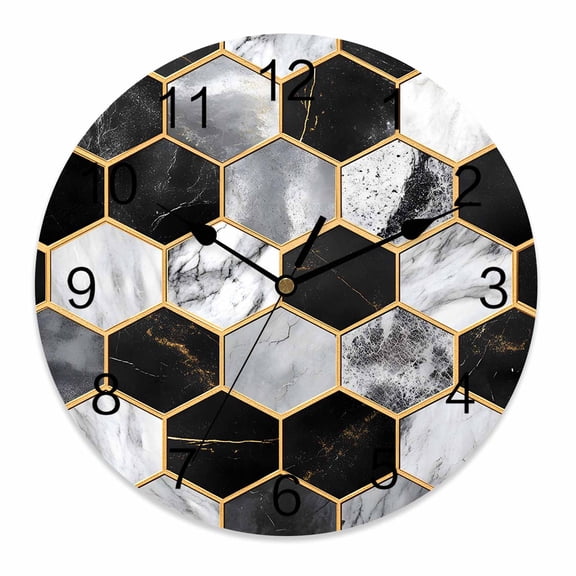 Silent Wall Clocks Battery Operated, Light Gray Black Marble Round Decorative Wall Clock for Living Room Bedroom Kitchen Bathroom Classroom Decor, 12 Inch Gold Hexagon Geometric Modern Pattern