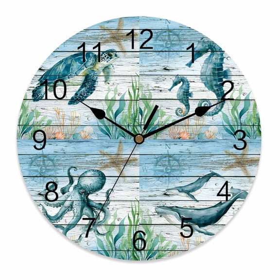 Silent Wall Clocks Battery Operated, Marine Life Round Decorative Wall Clock for Living Room Bedroom Kitchen Bathroom Classroom Decor, 10 Inch Turtle Octopus Whale Compass Starfish