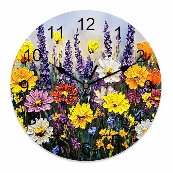 Silent Wall Clocks Battery Operated, Modern Art Impressionist Round Decorative Wall Clock for Living Room Bedroom Kitchen Bathroom Classroom Decor, 10 Inch Oil Painting Flower Colorful