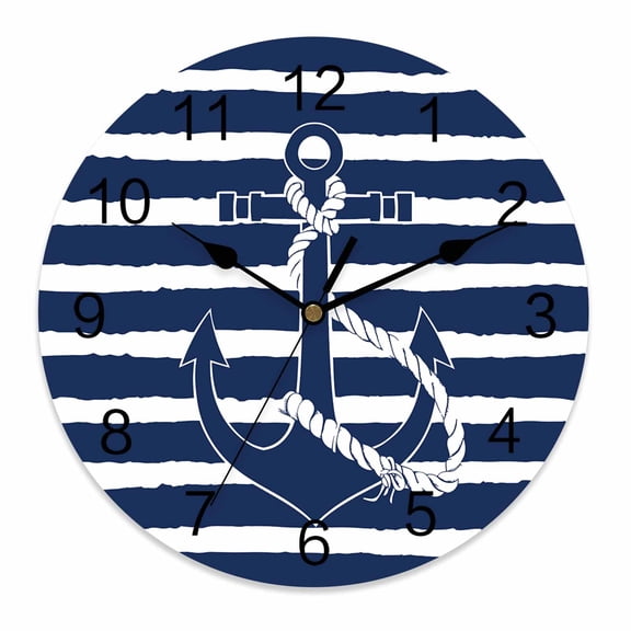Silent Wall Clocks Battery Operated, Nautical Anchor Round Decorative Wall Clock for Living Room Bedroom Kitchen Bathroom Classroom Decor, 12 Inch Navy Blue Striped Pattern