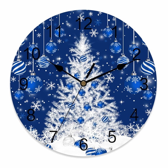 Silent Wall Clocks Battery Operated, Navy Blue Christmas Tree Round Decorative Wall Clock for Living Room Bedroom Kitchen Bathroom Classroom Decor, 12 Inch Winter Xmas Snowflake Balls
