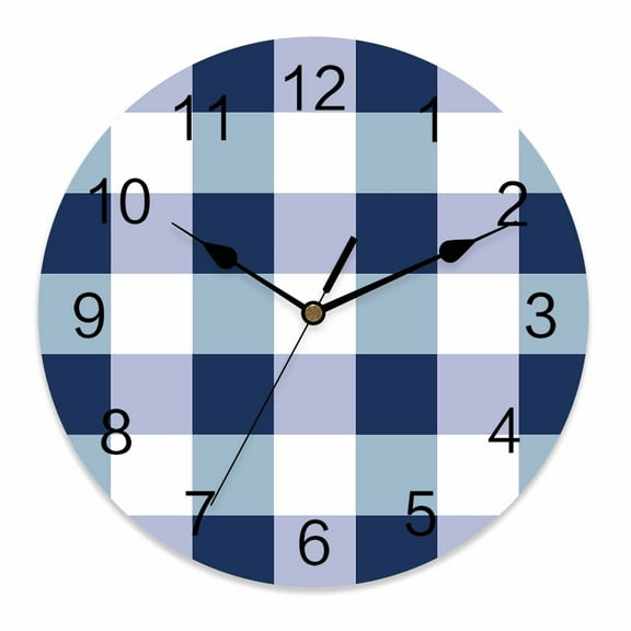 Silent Wall Clocks Battery Operated, Navy Blue White Plaid Round Decorative Wall Clock for Living Room Bedroom Kitchen Bathroom Classroom Decor, 10 Inch Checkerd Pattern