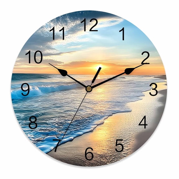 Silent Wall Clocks Battery Operated, Ocean Beach Sunset Round Decorative Wall Clock for Living Room Bedroom Kitchen Bathroom Classroom Decor, 12 Inch Blue Coastal Seascape