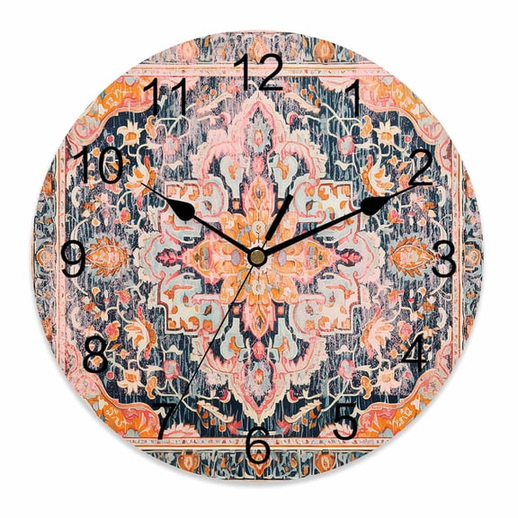 Silent Wall Clocks Battery Operated, Orange Boho Floral Round Decorative Wall Clock for Living Room Bedroom Kitchen Bathroom Classroom Decor, 10 Inch Medieval Vintage Texture