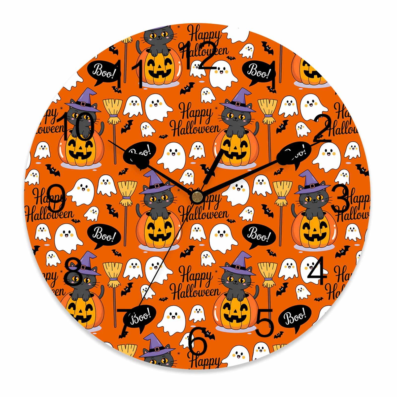 Silent Wall Clocks Battery Operated, Orange Boo Ghost Halloween Round ...