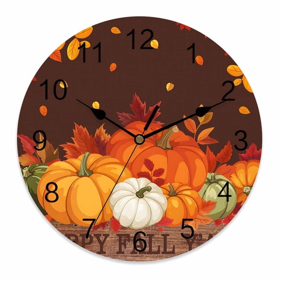 Silent Wall Clocks Battery Operated, Orange Pumpkins Fall Round Decorative Wall Clock for Living Room Bedroom Kitchen Bathroom Classroom Decor, 12 Inch Rustic Maple Leaves Brown Farmhouse