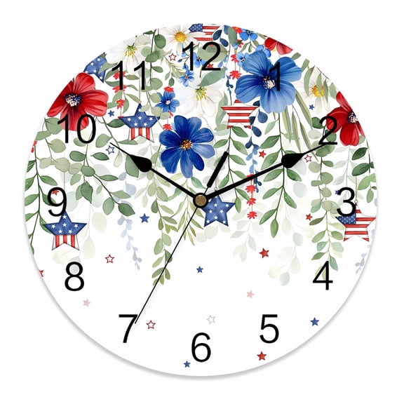 Silent Wall Clocks Battery Operated, Patriotic 4th of July Round Decorative Wall Clock for Living Room Bedroom Kitchen Bathroom Classroom Decor, 10 Inch Red Blue Floral Memorial Day Green Leaf