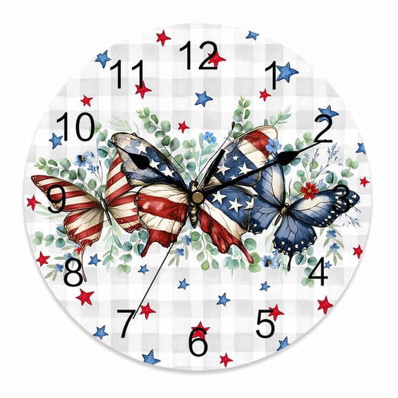 Silent Wall Clocks Battery Operated, Patriotic Butterfly 4th of July Round Decorative Wall Clock for Living Room Bedroom Kitchen Bathroom Classroom Decor, 12 Inch Red Blue Stars Gray Plaid
