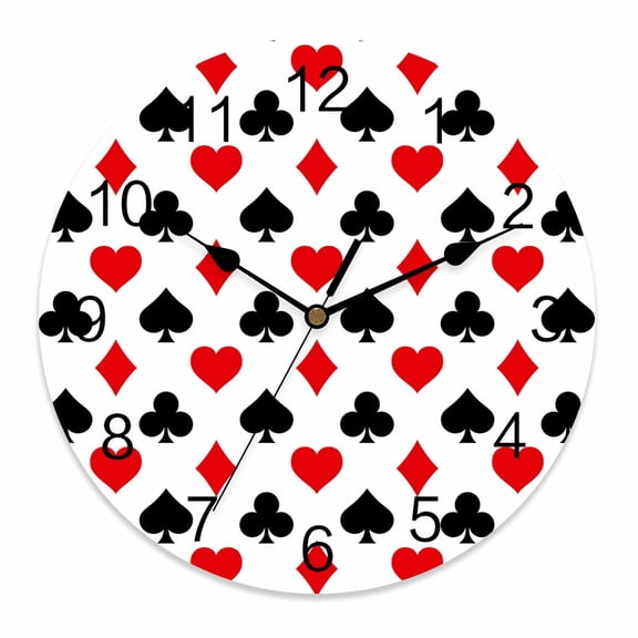 Silent Wall Clocks Battery Operated, Poker Game Texture Round Decorative Wall Clock for Living Room Bedroom Kitchen Bathroom Classroom Decor, 10 Inch Red Black Casino Pattern