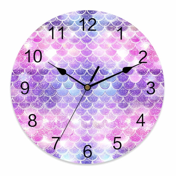 Silent Wall Clocks Battery Operated, Purple Pink Mermaid Scales Round Decorative Wall Clock for Living Room Bedroom Kitchen Bathroom Classroom Decor, 14 Inch Gradual Fish Scale Pattern