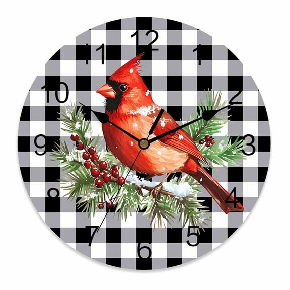 Silent Wall Clocks Battery Operated, Red Cardinal Bird Christmas Round Decorative Wall Clock for Living Room Bedroom Kitchen Bathroom Classroom Decor, 10 Inch Holly Berry Black Buffalo Plaid