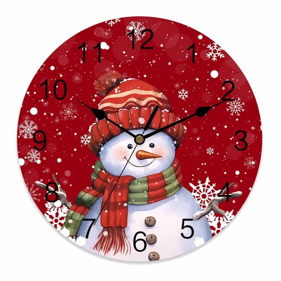 Silent Wall Clocks Battery Operated, Red Christmas Snowman Round Decorative Wall Clock for Living Room Bedroom Kitchen Bathroom Classroom Decor, 12 Inch Winter Snowflakes