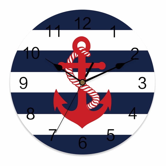 Silent Wall Clocks Battery Operated, Red Coastal Nautical Anchor Round Decorative Wall Clock for Living Room Bedroom Kitchen Bathroom Classroom Decor, 10 Inch White Navy Blue Striped