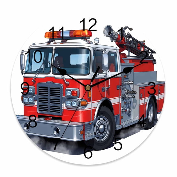 Silent Wall Clocks Battery Operated, Red Fire Trucks Round Decorative Wall Clock for Living Room Bedroom Kitchen Bathroom Classroom Decor, 14 Inch Cartoons Vehicles Cars