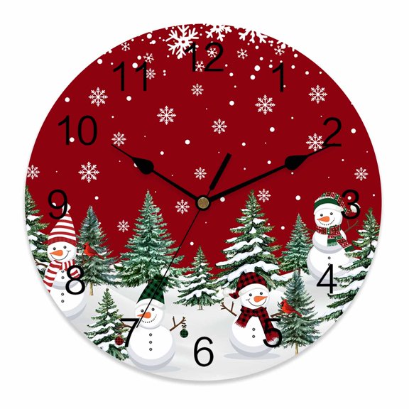 Silent Wall Clocks Battery Operated, Red Snowman Christmas Round Decorative Wall Clock for Living Room Bedroom Kitchen Bathroom Classroom Decor, 12 Inch White Snowflake Xmas Tree