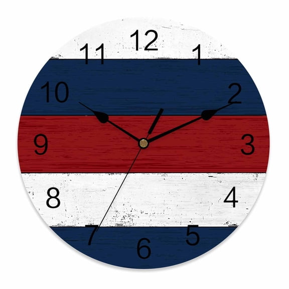 Silent Wall Clocks Battery Operated, Red White and Blue Wood Txtured Round Decorative Wall Clock for Living Room Bedroom Kitchen Bathroom Classroom Decor, 10 Inch Farmhouse Barn Wood