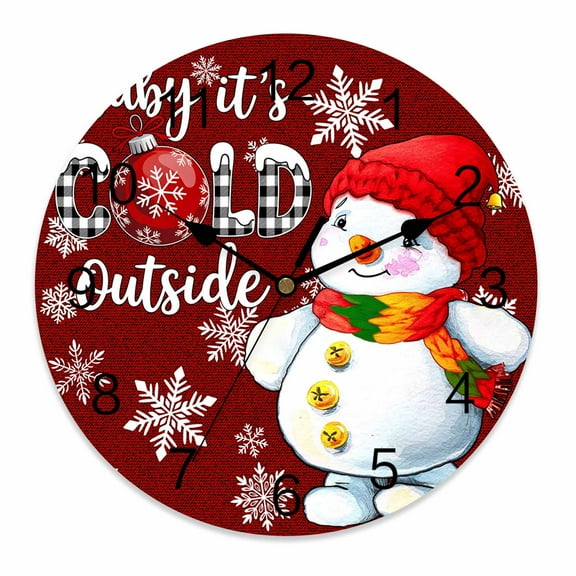 Silent Wall Clocks Battery Operated, Red Winter Snowman Round Decorative Wall Clock for Living Room Bedroom Kitchen Bathroom Classroom Decor, 12 Inch Christmas Snowflake