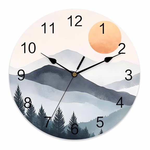 Silent Wall Clocks Battery Operated, Retro Abstract Round Decorative Wall Clock for Living Room Bedroom Kitchen Bathroom Classroom Decor, 10 Inch Watercolor Mountain Sun Forest Gray Orange