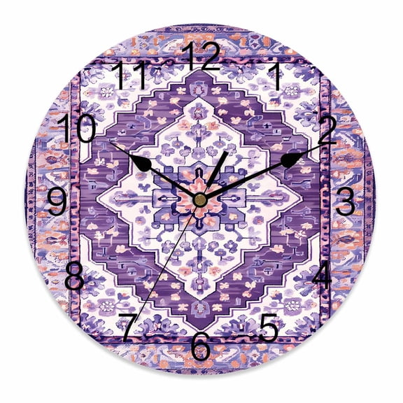 Silent Wall Clocks Battery Operated, Retro Boho Round Decorative Wall Clock for Living Room Bedroom Kitchen Bathroom Classroom Decor, 12 Inch Aztec Southwest Tribal Floral Dark Lavender Purple