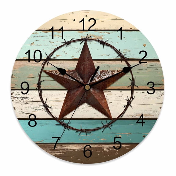 Silent Wall Clocks Battery Operated, Retro Farmhouse Round Decorative Wall Clock for Living Room Bedroom Kitchen Bathroom Classroom Decor, 10 Inch Barn Star Wood Texture Turquoise Brown Beige