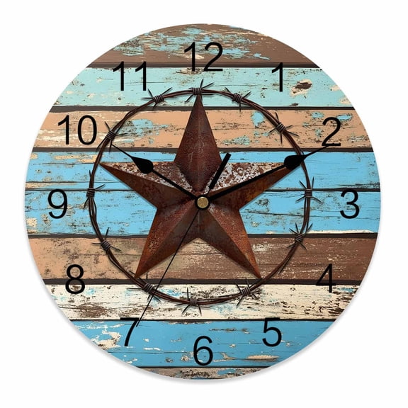Silent Wall Clocks Battery Operated, Retro Farmhouse Round Decorative Wall Clock for Living Room Bedroom Kitchen Bathroom Classroom Decor, 10 Inch Barn Star Wood Texture Blue Brown