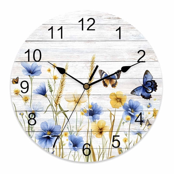 Silent Wall Clocks Battery Operated, Retro Farmhouse Round Decorative Wall Clock for Living Room Bedroom Kitchen Bathroom Classroom Decor, 14 Inch Butterflies Floral Wheat Wooden Blue Yellow